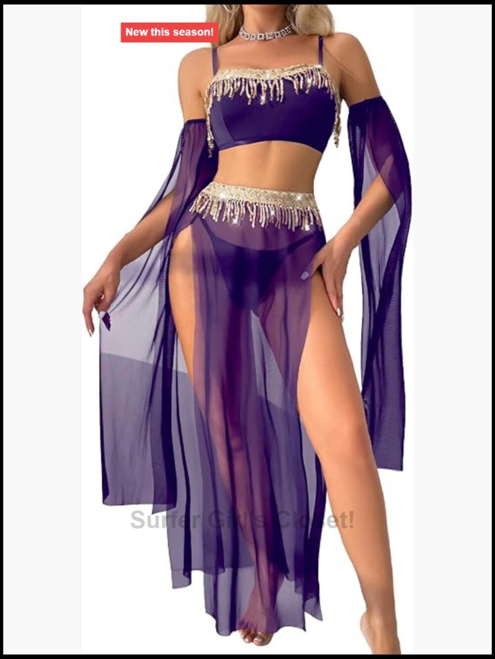 Belly Dance Costume Set Sequin Fringe Top High Slit Mesh Skirt Tulle Sleeves